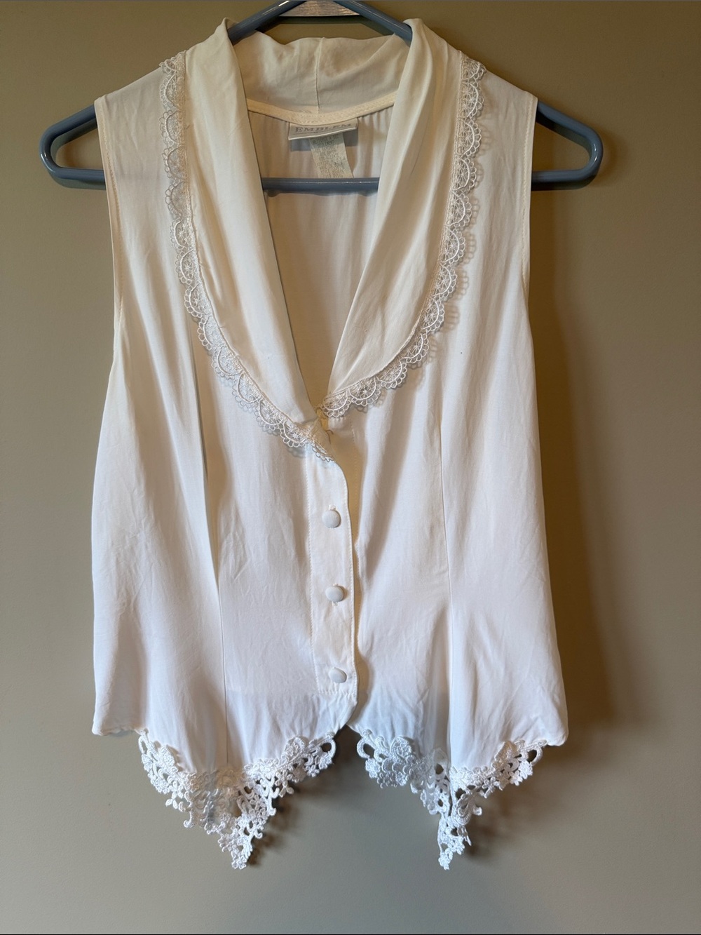 Vintage Emblem Ivory Lace Trim Button Front Vest Blouse Cottagecore L Largec
